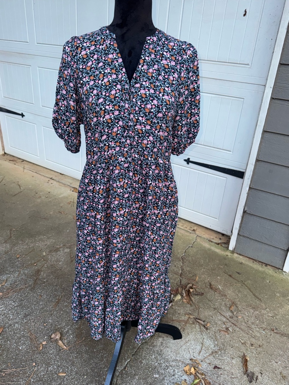 Knox Rose Black Midi Dress Pink Orange Floral Print Ruffles Elastic Waist Sleeve